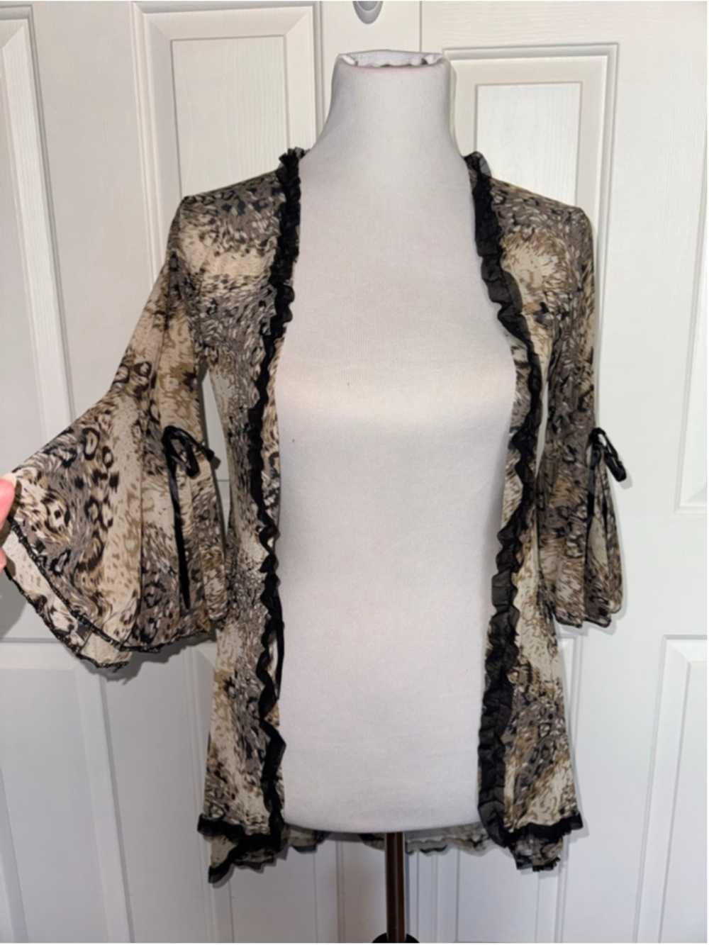 Y2K Leopard Print Mesh Duster Bell Sleeve Ruffle Trim Fairy Whimsigoth Cardigan